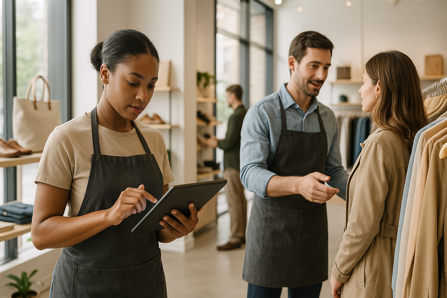 Addetti in un negozio che assistono i clienti utilizzando strumenti digitali per ordini e disponibilità