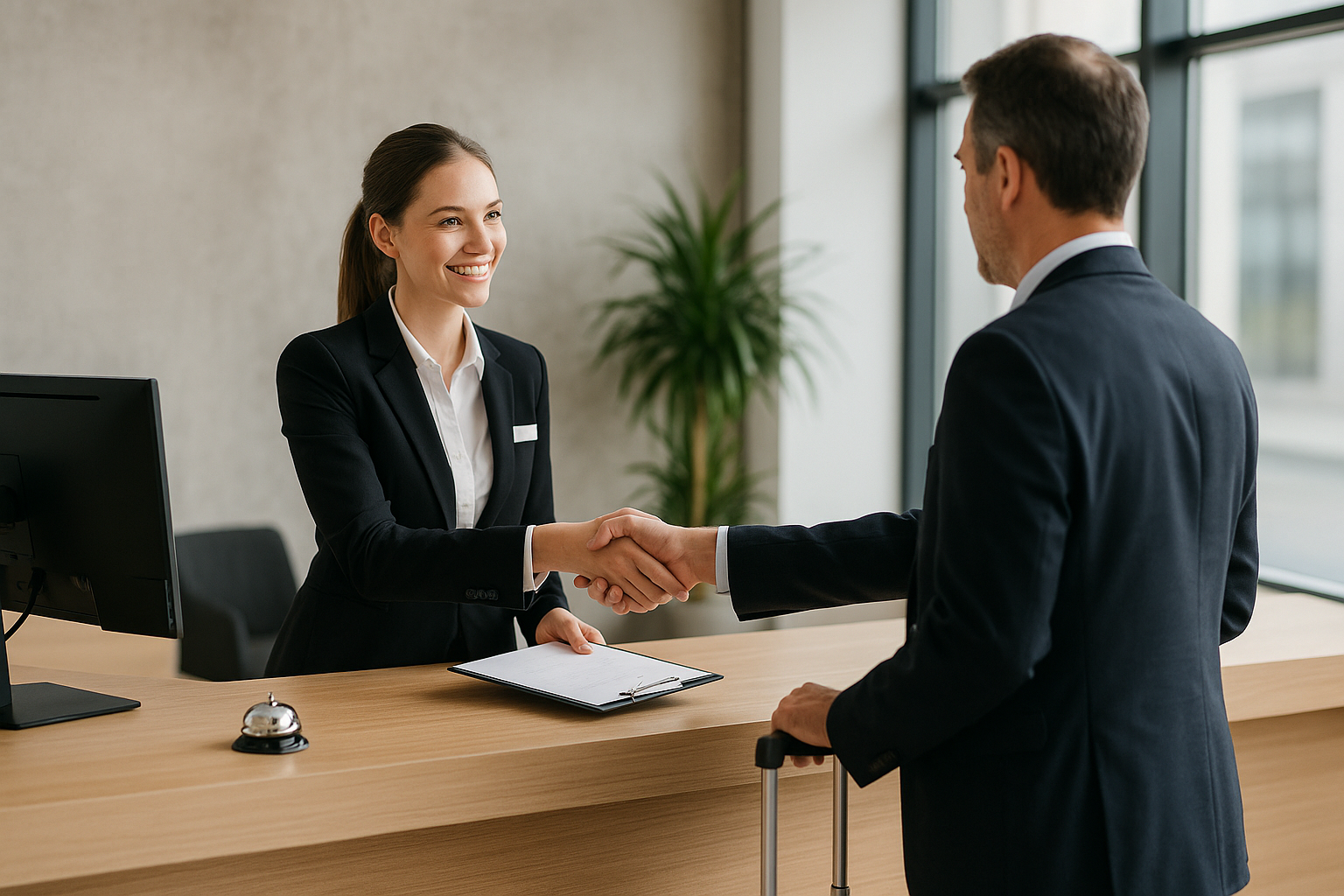 Reception di una struttura turistica con personale che accoglie un ospite in modo professionale