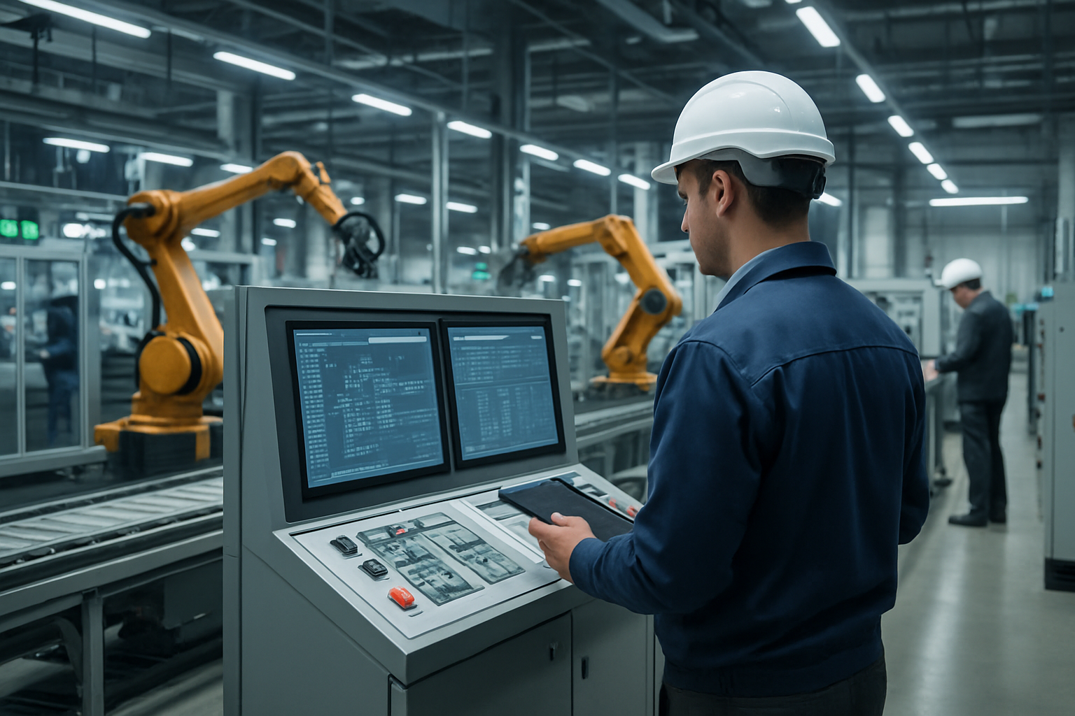 Tecnici in uno stabilimento industriale moderno mentre monitorano una linea automatizzata
