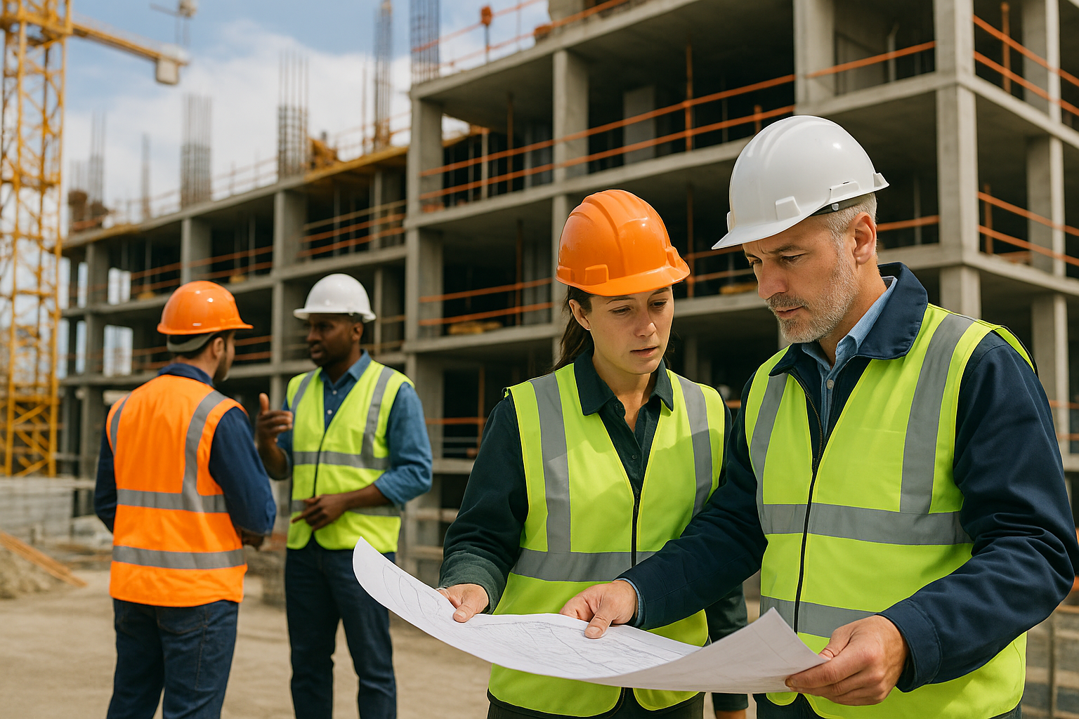 Tecnici e operai in un cantiere edile mentre coordinano le lavorazioni in sicurezza