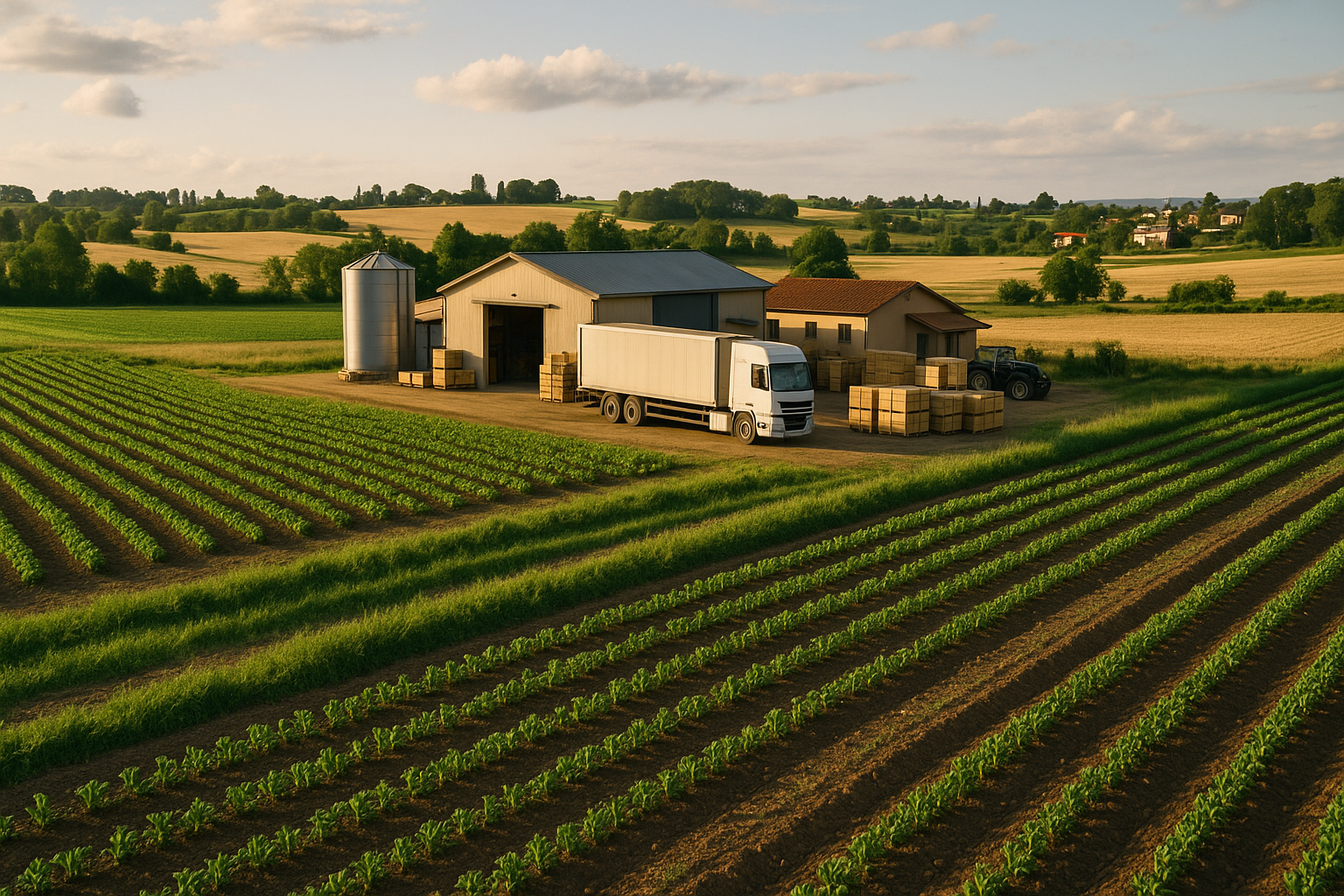 Campi coltivati e struttura di lavorazione agricola in un contesto rurale italiano