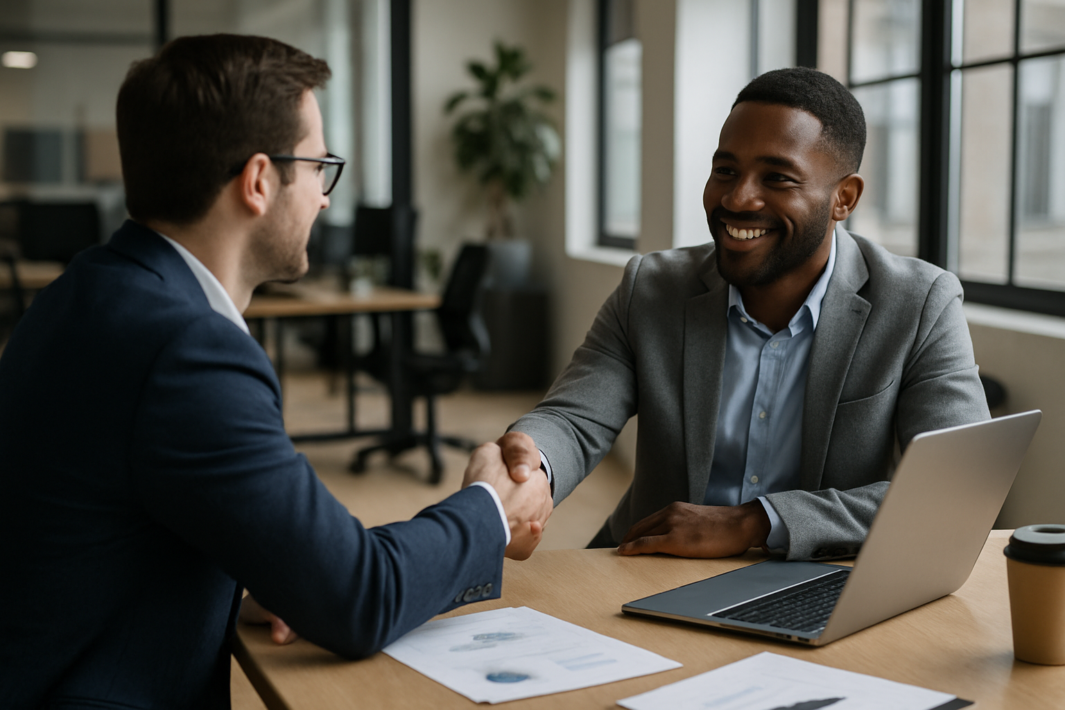 Due professionisti si stringono la mano in un ambiente di lavoro moderno dopo un incontro di networking