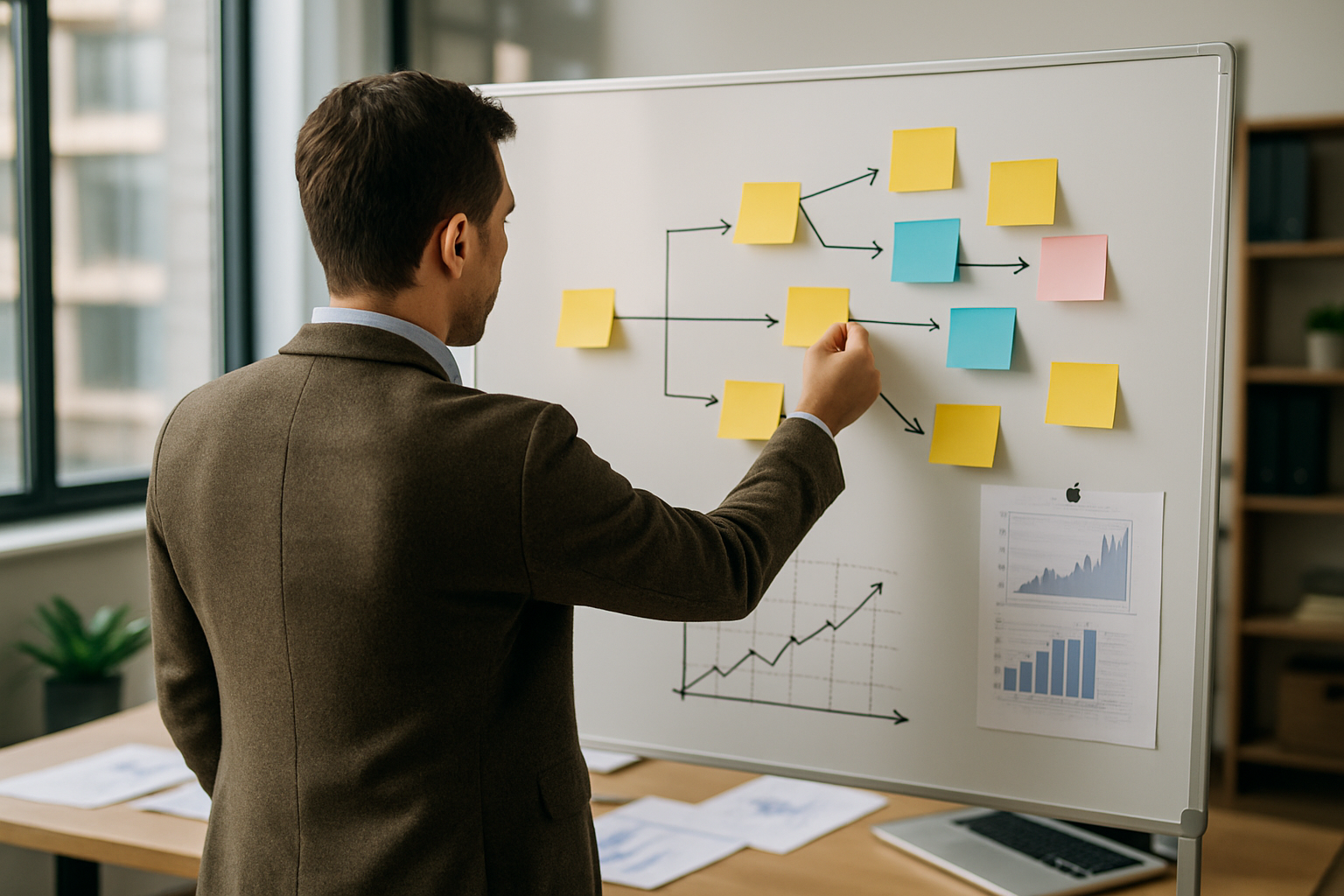Professionista che pianifica un cambiamento di carriera con post-it e obiettivi su una lavagna