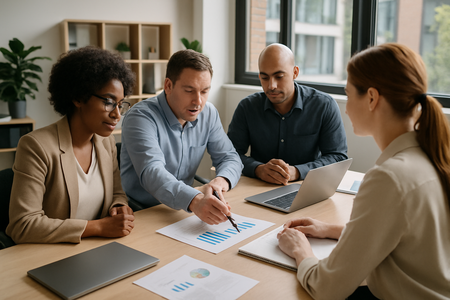 Team di lavoro eterogeneo che collabora in un ufficio moderno e accessibile