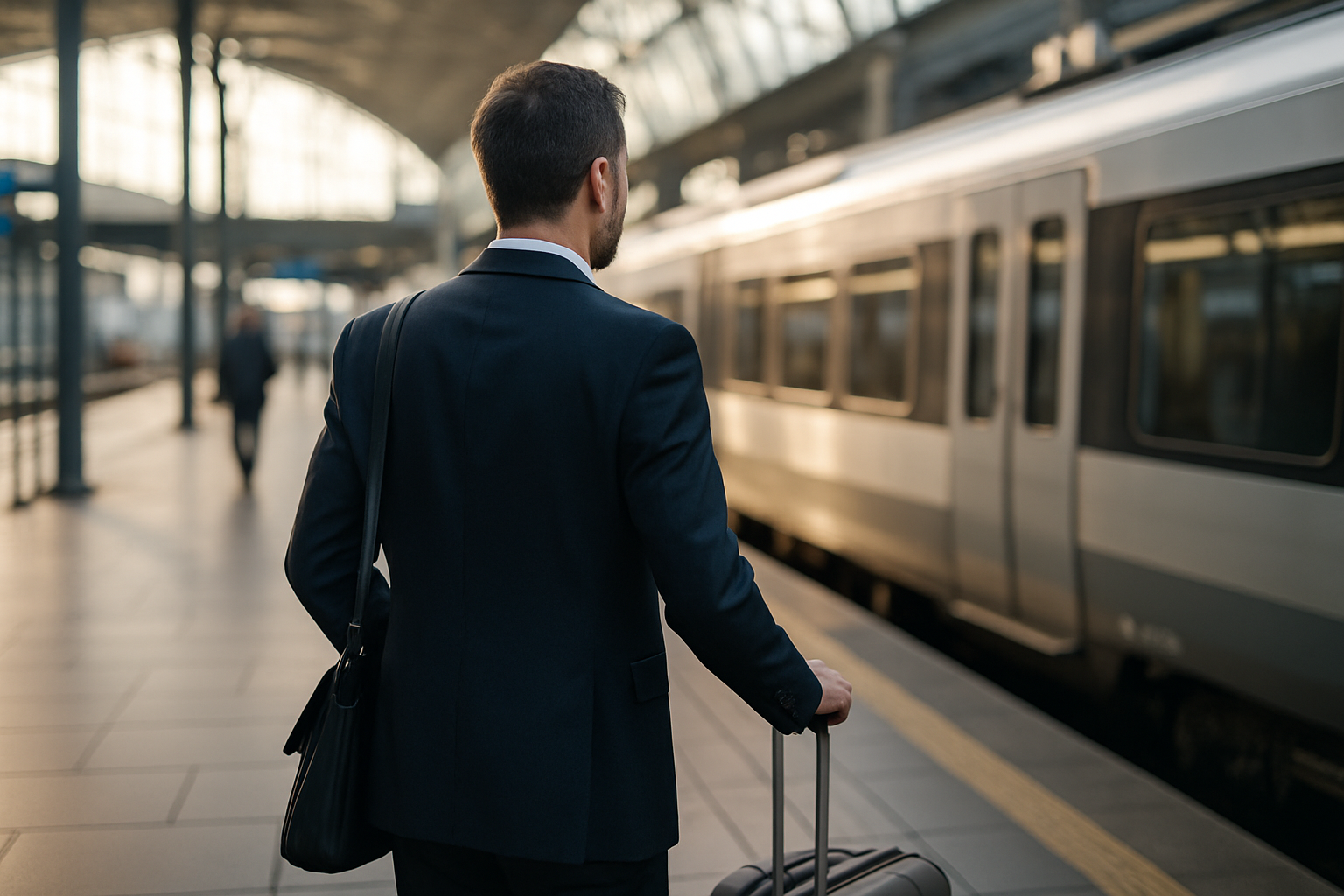 Pendolare in stazione al mattino prima di andare al lavoro