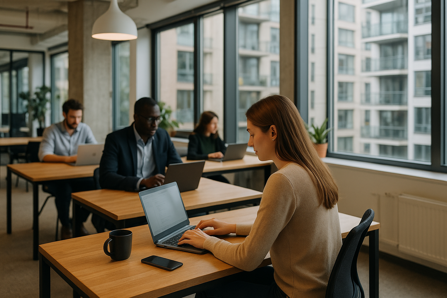 Spazio di coworking urbano con postazioni condivise e persone al lavoro